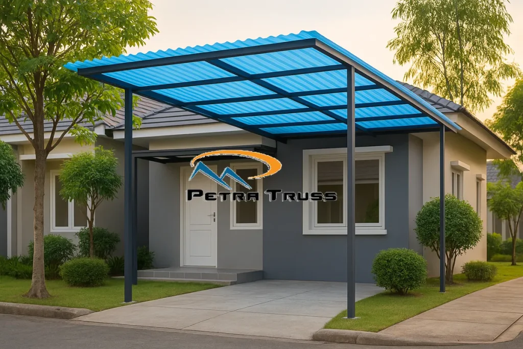 Pemasangan kanopi baja ringan di Sukaraja Bogor oleh Petra Truss dengan hasil rapi dan tahan lama.
