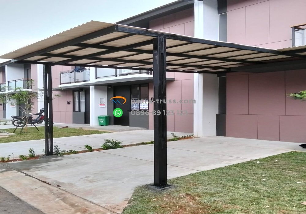 Kanopi baja ringan cat hitam di Serpong Tangerang Selatan oleh Petra Truss, hasil rapi dan modern.
