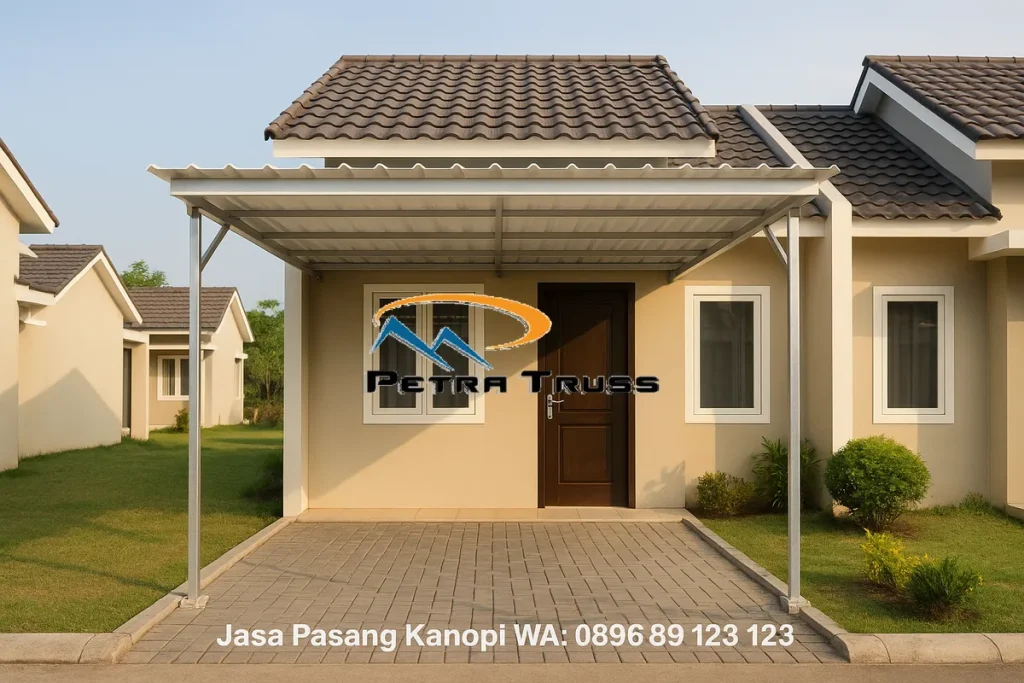 Pemasangan kanopi baja ringan atap Alderon di Beji Depok oleh Petra Truss dengan hasil rapi dan kokoh.